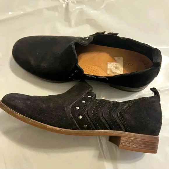 Clarks Trish Bell Loafers Women's 7 Black Suede - Picture 1 of 8